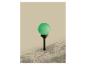 Groene ronde tuinsolarlamp in een bloembed.