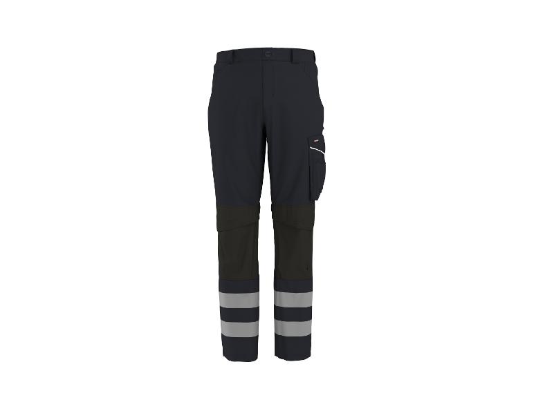 Zwarte werkbroek met reflecterende details en zijzakken.