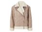 Beige suède-look pilotenjack met crèmekleurige imitatiebont voering.