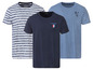 Drie T-shirts: gestreept, donkerblauw met 'Royal Rowing Club' logo, en lichtblauw met 'RC' logo.