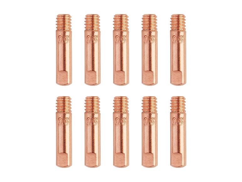 Tien koperen contacttips voor lassen, met markering '06'.