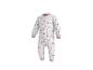 Witte baby romper met roze en blauwe bloemen- en muispatronen.