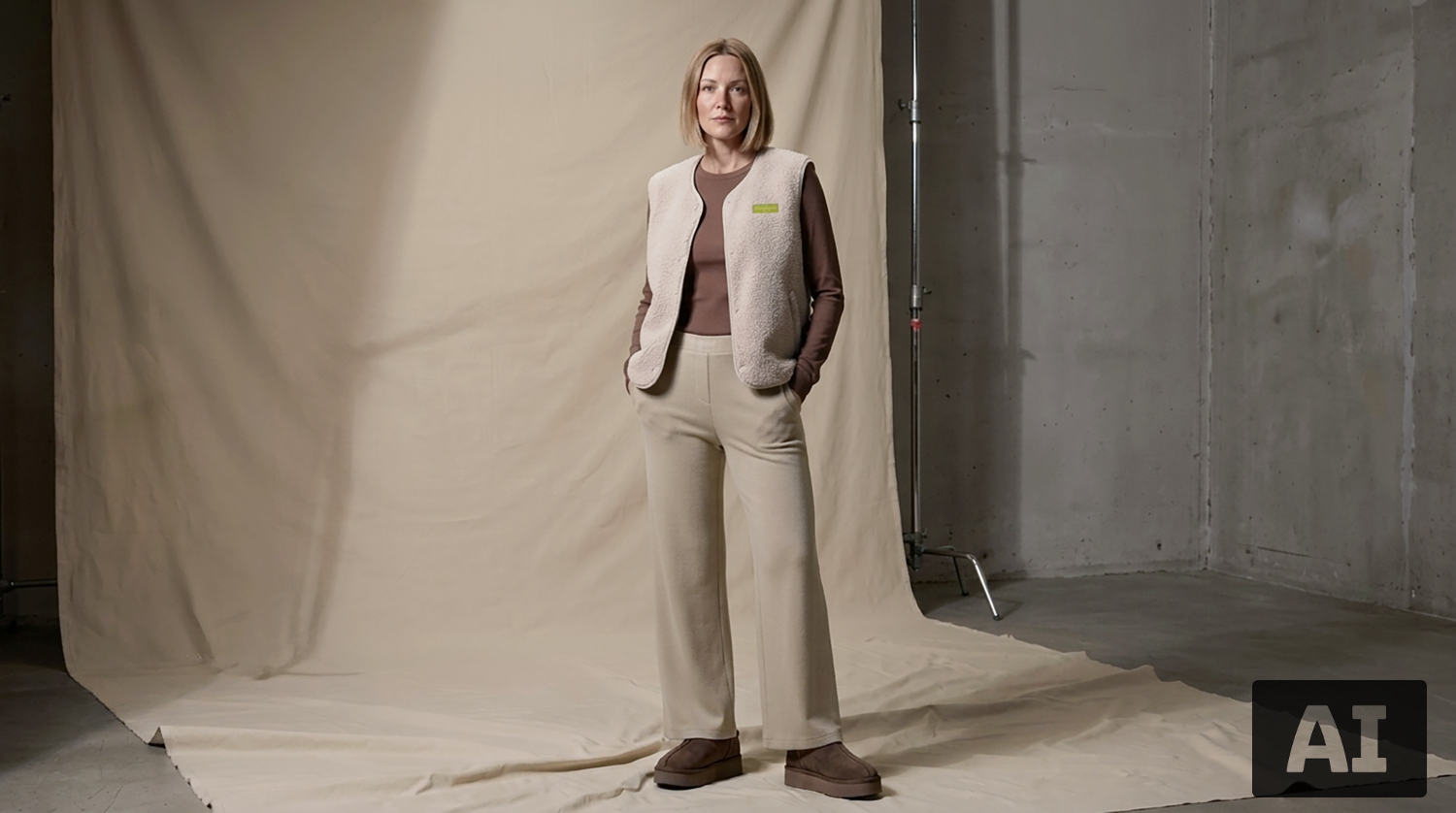 Een vrouw in een beige fleece bodywarmer, bruine top met lange mouwen en bijpassende broek.