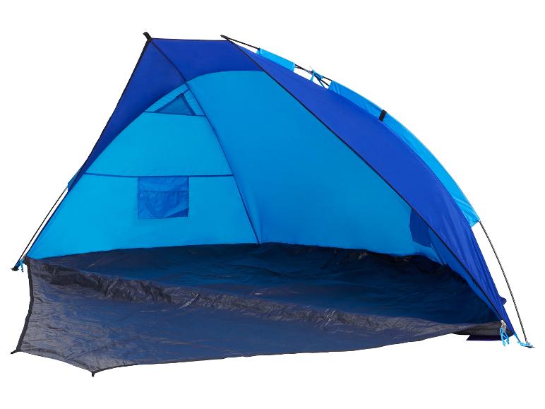Blauwe en zwarte tent voor kamperen of strand.