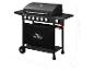 GRILL MEISTER gasbarbecue met zes branders, zijtafels en wielen, met afmetingen.