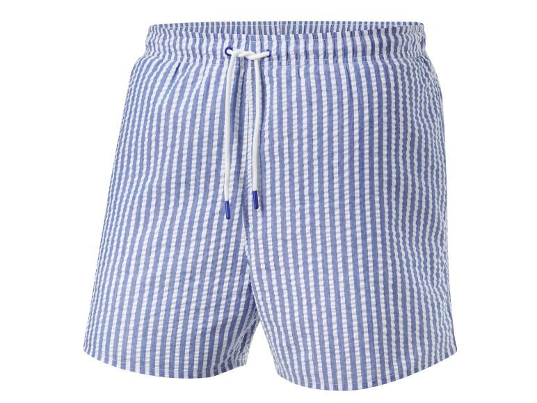 Blauw-wit gestreepte zwemshorts.