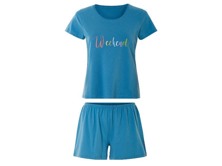 Kort blauw pyjamaset: shirt met de tekst 'Weekend' en bijpassende short.