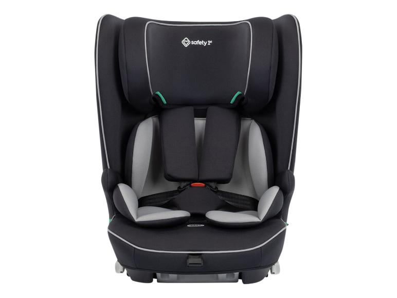 Zwart kinderautostoeltje met grijze accenten en een vijfpuntsgordel.