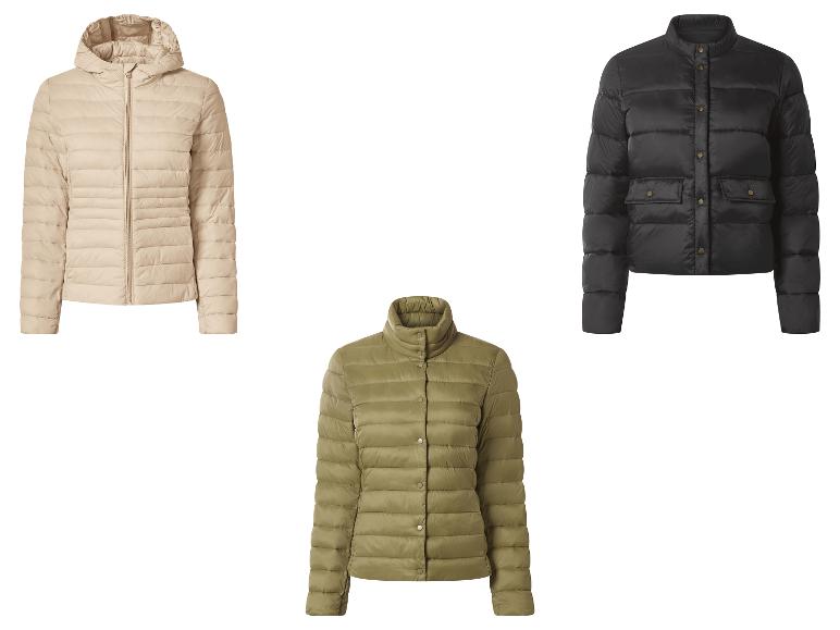 Drie gewatteerde jassen in beige, zwart en olijfgroen.