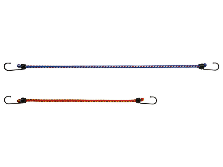 Twee elastische touwen met haken, één blauw en één oranje.