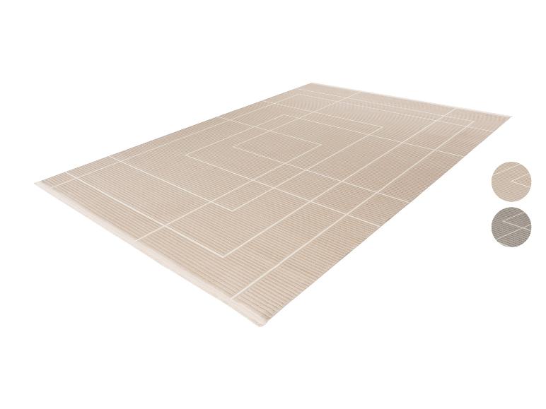 Beige rechthoekig vloerkleed met wit geometrisch patroon, met kleurstalen