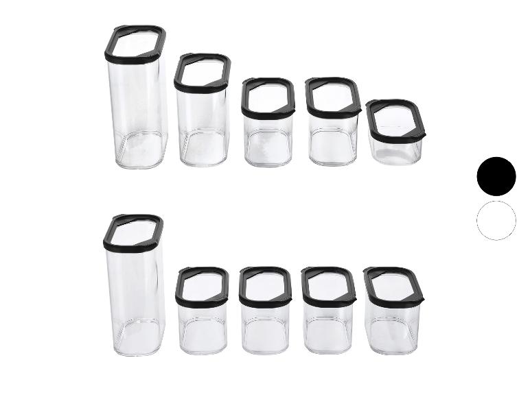 Set transparante glazen voedselbewaarbakjes met zwarte deksels, in diverse maten.