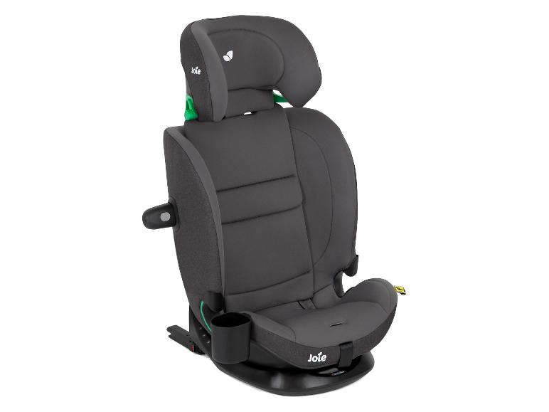 Grijze kinderautostoel met verstelbare hoofdsteun en bekerhouder.
