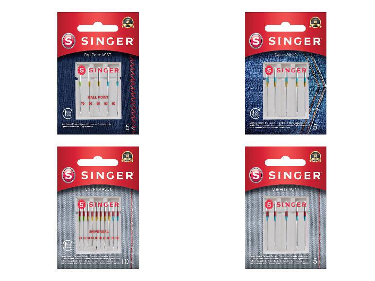 Assortiment naaimachinenaalden voor diverse stoffen, waaronder ballpoint, denim en universeel.