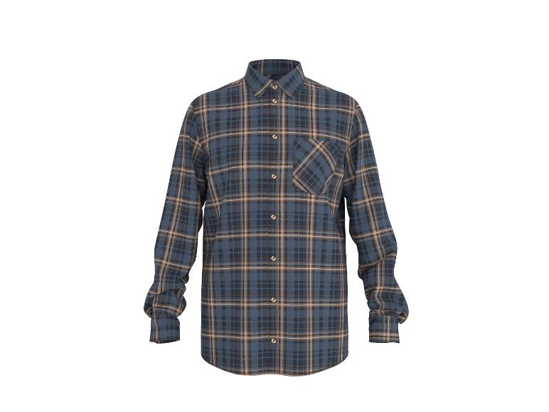 Heren overhemd met blauw en bruin ruitpatroon, lange mouwen.