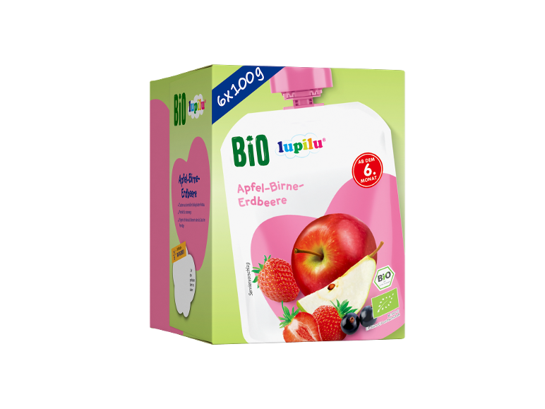 Biologische appel-, peer- en aardbeienpureezakjes voor baby's vanaf 6 maanden, 6x100g verpakking.