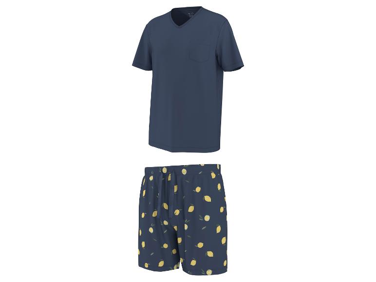 Herenpyjama met marineblauw V-hals T-shirt en shorts met citroenprint.