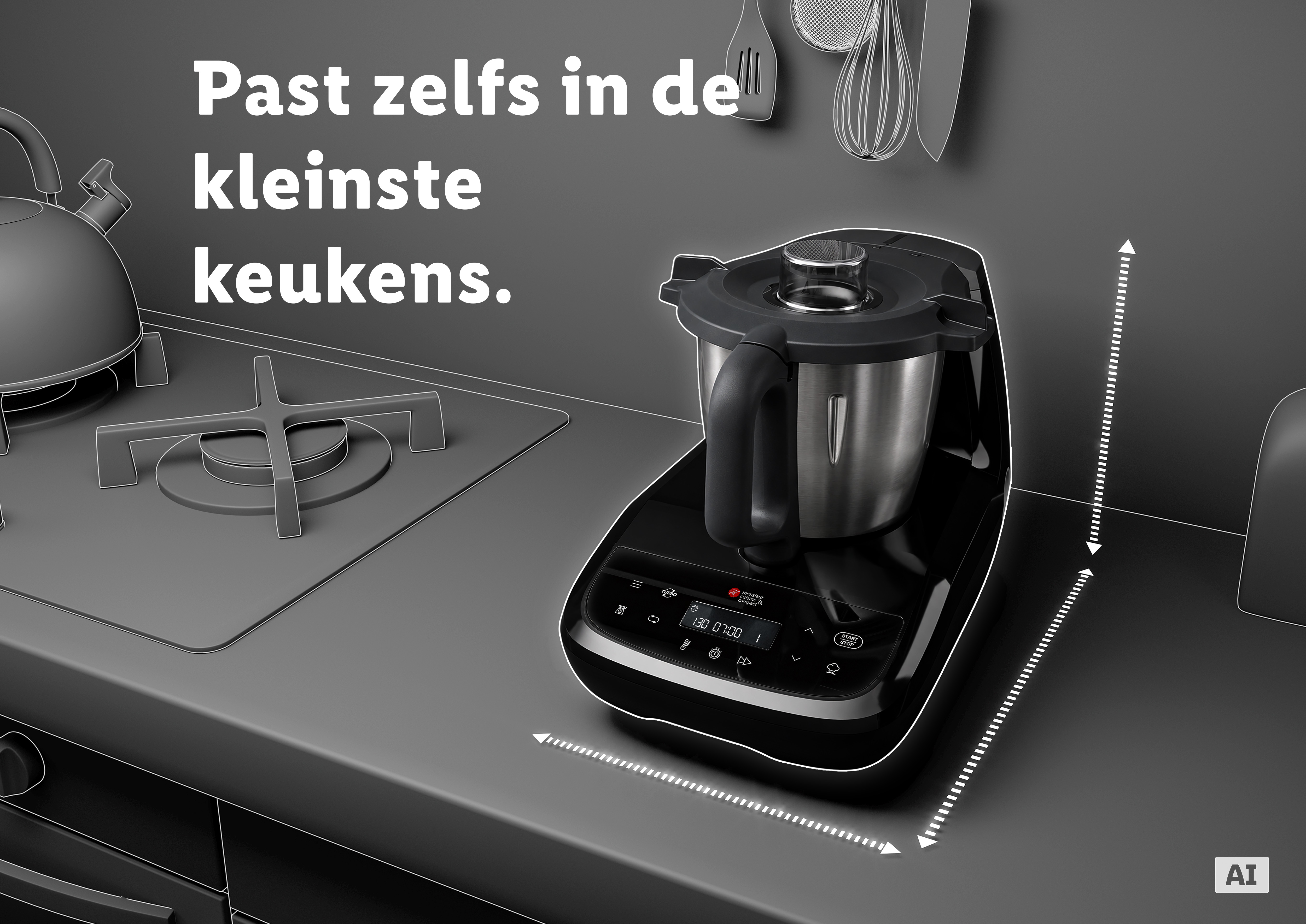 Productaanzicht van de Monsieur Cuisine compact van voren. (Met AI-watermerk)