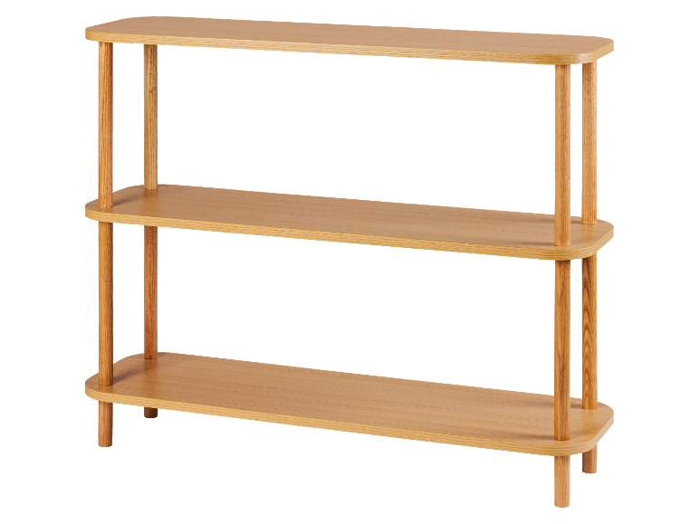 Een houten schappenrek met drie planken.