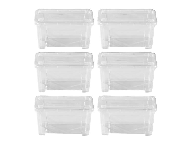 Zes transparante plastic opbergdozen met deksels, gerangschikt in twee kolommen.