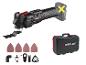 Multifunctioneel gereedschap met schuur- en snijaccessoires en een opbergkoffer.