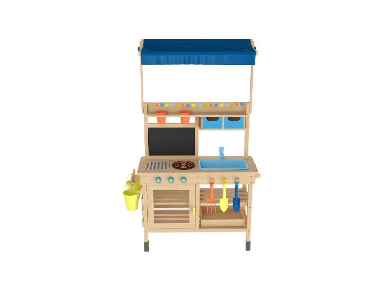Houten speelkeuken met blauwe luifel, gootsteen, fornuis en tuingereedschap.