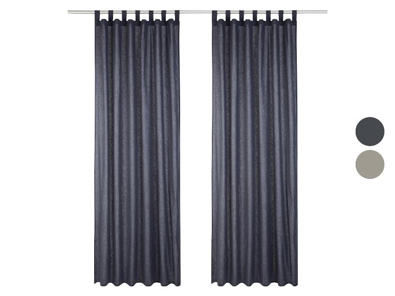 Twee linnen gordijnen, donkergrijze en taupe tinten.