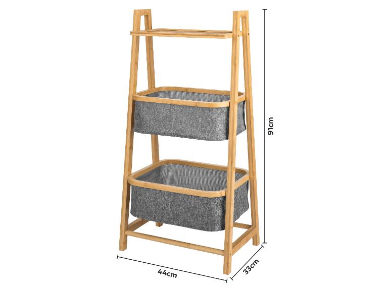 Bamboe rek met twee grijze stoffen manden, afmetingen 91x44x33cm.