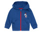 Een blauwe hoodie met rits voor baby's met een dinosaurus erop.