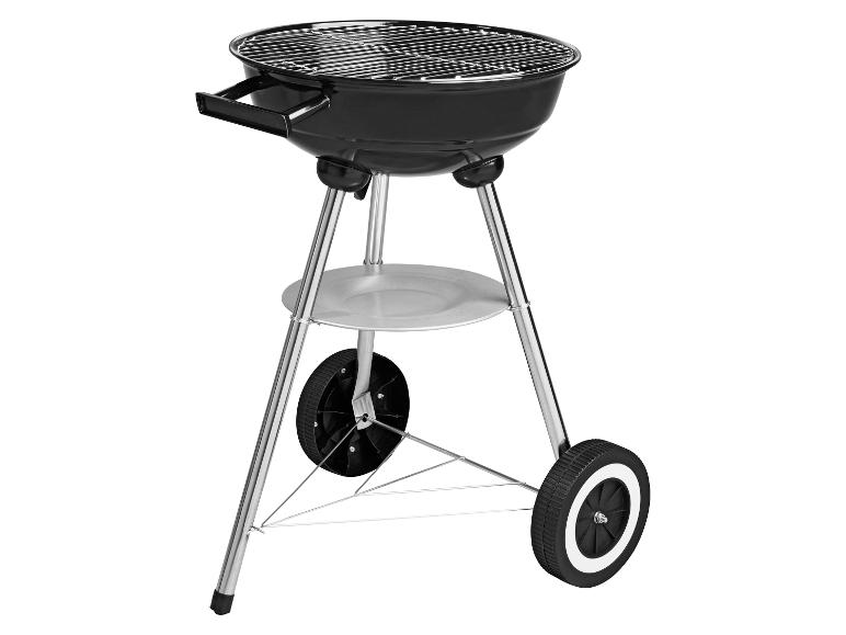 Zwarte houtskoolbarbecue met verchroomd rooster, handvatten en wielen