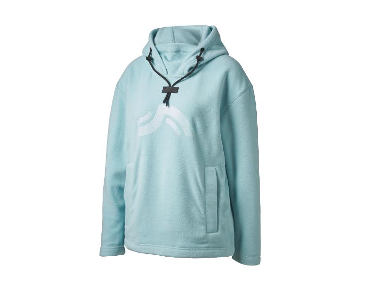 Lichtblauwe fleece hoodie met capuchon en zwarte trekkoorden.