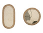 Twee jute vloerkleden, één rond met een abstract ontwerp en één ovaal.