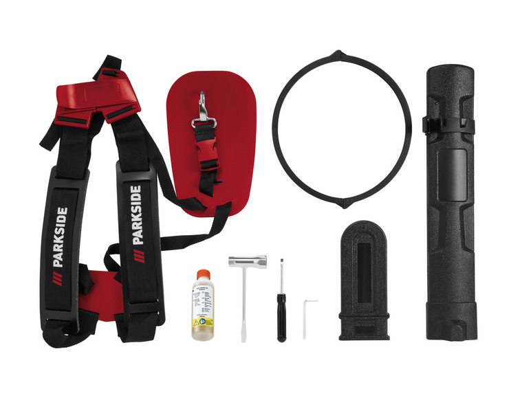 Parkside-harnas, gereedschap en een flesje olie.