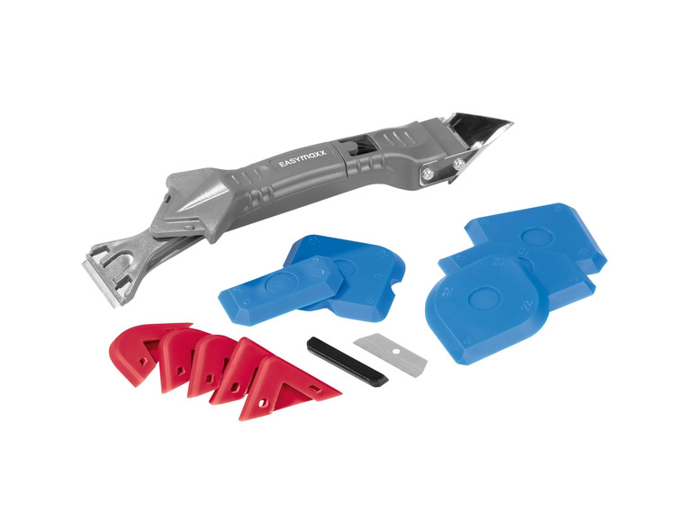 Een set gereedschap voor het aanbrengen van kit, inclusief een Easymaxx kitmes en verschillende spatels.