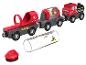 Houten speelgoedtrein met rode en grijze wagons, inclusief een tankwagen en een wagen met gekleurde ballen.
