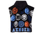 Een zwarte badjas met capuchon met Avengers-logo's.