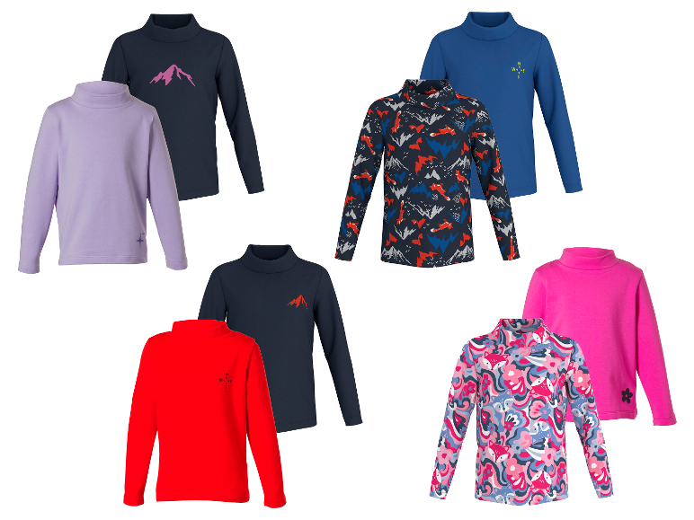 Kinder shirts met lange mouwen in diverse kleuren en patronen, waaronder bergen en vossen.