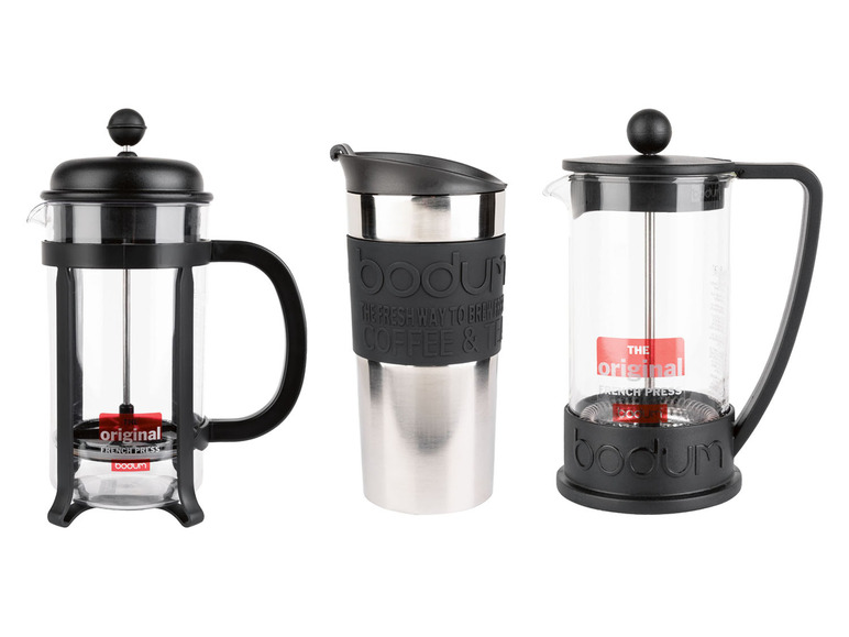 Twee Bodum koffiekannen en een thermosbeker.