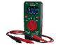 Groene digitale multimeter met rode en zwarte meetsnoeren, toont 0.000 V.