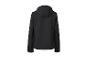 Zwarte softshell jas met capuchon, achteraanzicht.