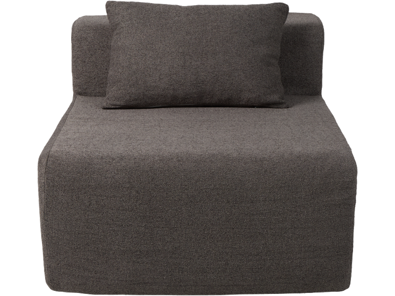 Donkergrijze modulaire bank met kussen, getextureerde stof.