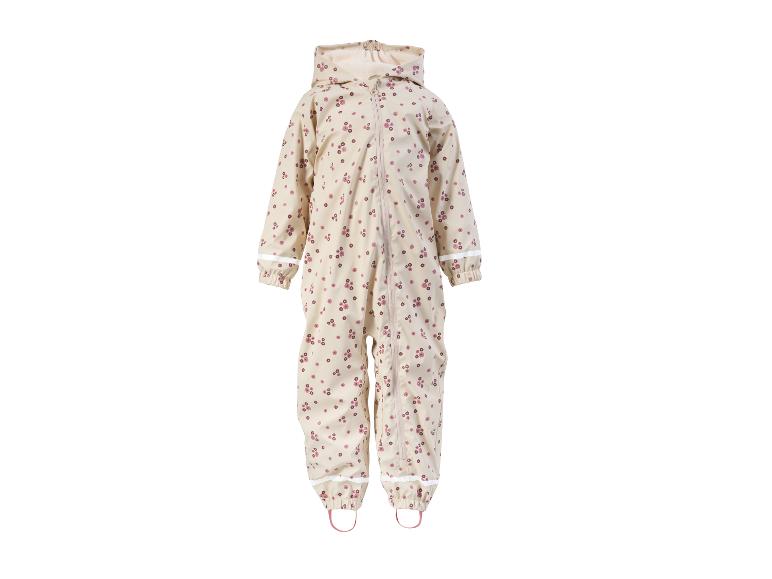 Kinder beige regenpak met capuchon en roze bloemenprint.