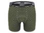 Olijfgroene herenboxershort met fijne zwarte strepen en een zwart-witte tailleband.