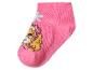 Roze kindersok met puppy-motief en blauwe bloem.