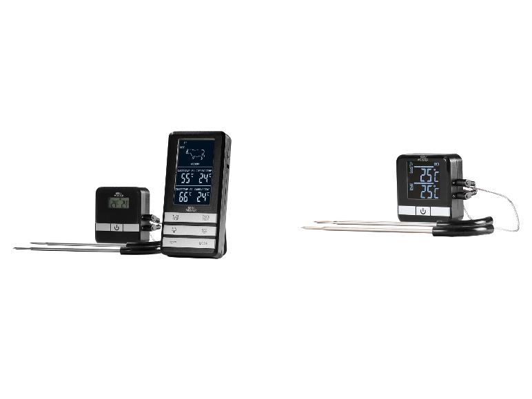 Twee Grill Meister digitale vleesthermometers met sondes, één toont rundvleesinstellingen.