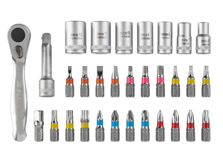 Parkside dop- en bitsset: ratel, verlengstuk en bits in diverse maten.