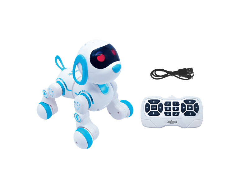 Witte en blauwe robothond met afstandsbediening en oplaadkabel.