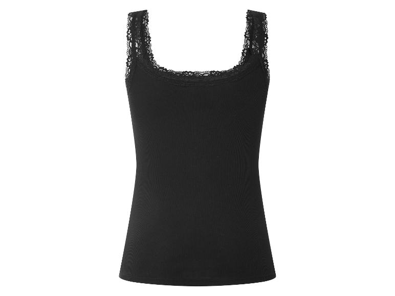 Zwarte geribbelde camisole met kanten bandjes en bies.