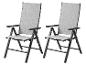 Twee grijze opvouwbare tuinstoelen met armleuningen.