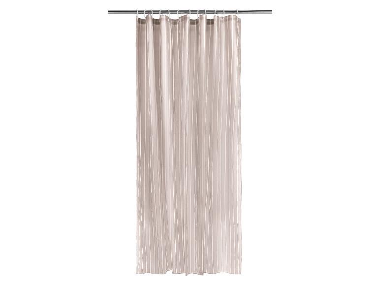Beige douchegordijn met witte verticale strepen, hangend aan een metalen stang.